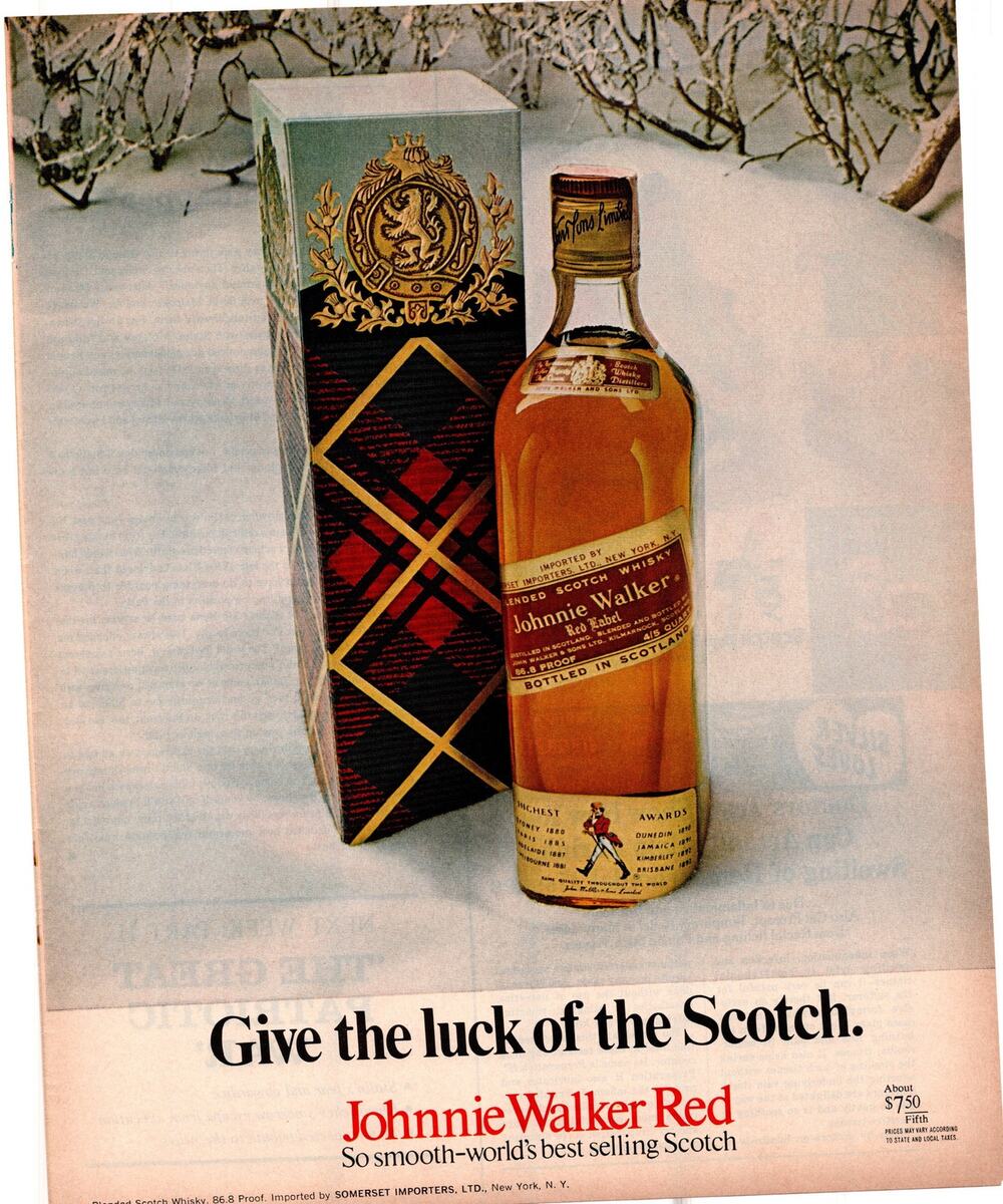 Johnnie Walker Red Scotch Advertisement 1960s Vintage Liquor Spirits Winter
